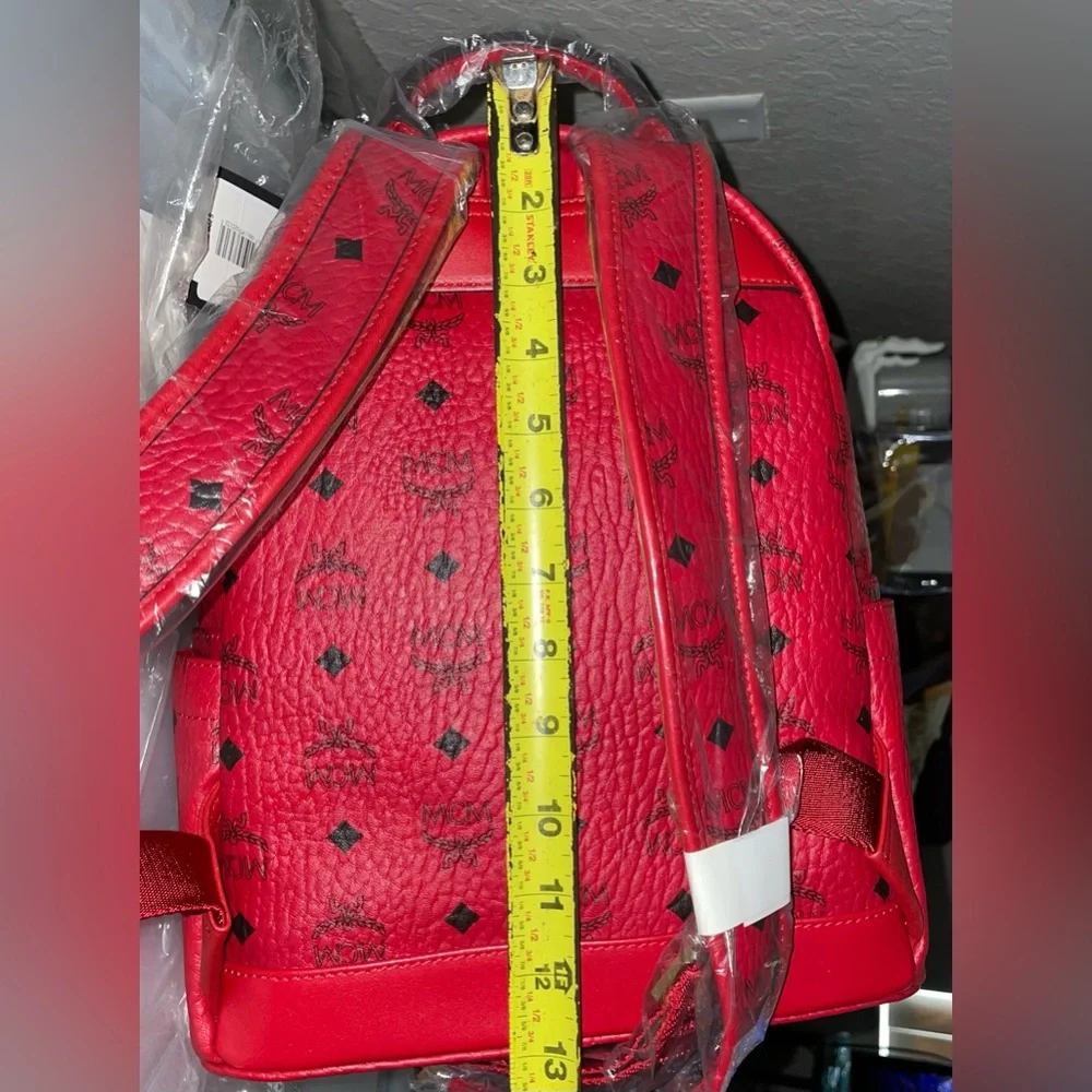 MCM VISETOS SMALL STARK SIGNATURE MONOGRAM LOGO BACKPACK BOOKBAG RUBY RED $720 - Picture 15 of 16